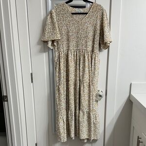 Floral Smocked Midi Dress in Cream and Mustard with pockets